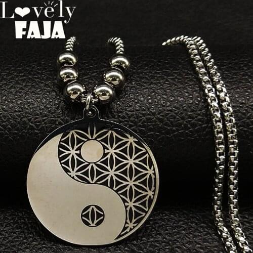 2021 Stainless Steel Statement Necklace Women Silver Color YingYang Flower of Life Chain Necklace Jewelry bisuteria N18737