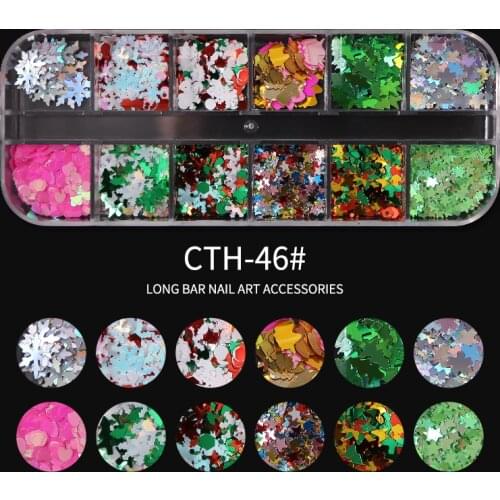 12Grids/Box Mixed size Nail Glitter Flakes Sequins Hollow Round/Pentacle/Fruit Slices Paillette Charms Nail Art Decorations Ta63