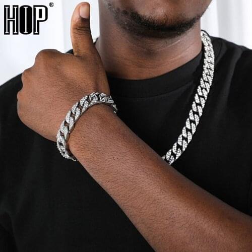 Hip Hop 1Set 13MM Full Iced Out Paved Rhinestones Miami Thick Cuban Chain CZ Bling Rapper Necklaces For Men Jewelry