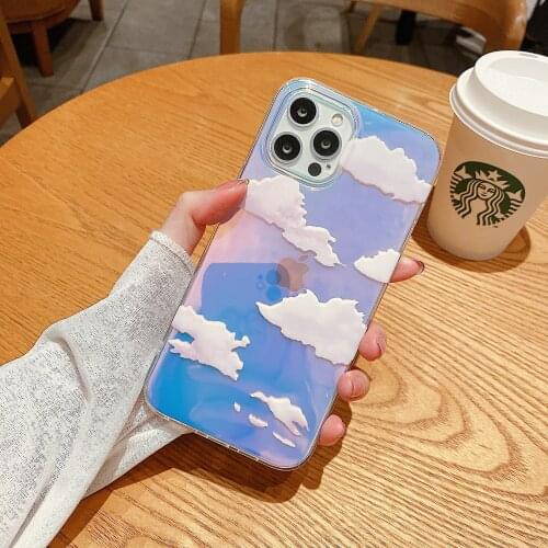 Cloud Case for iPhone 12/12 Pro 6.1, Holograhic Clear Skin with Sky Design Super Slim Transparent TPU Bumper Cover Cute Cartoon