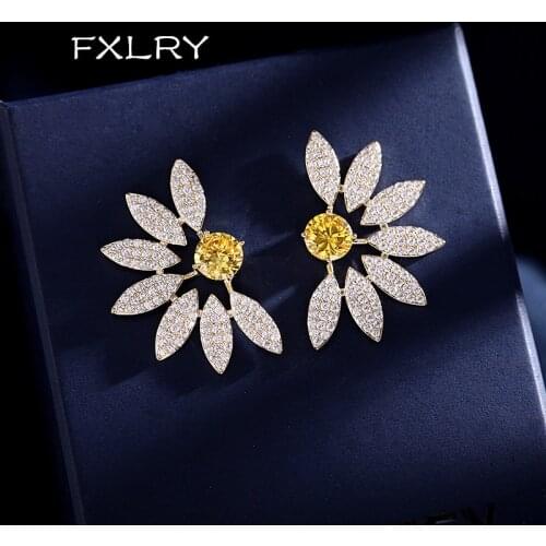 FXLRY Elegant Cubic Zirconia Yellow and Green Flower Stud Earring For Women Wedding Fashion Jewelry