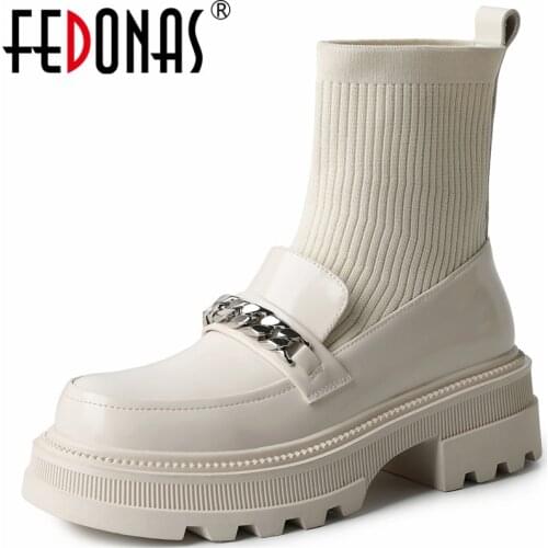 FEDONAS Classic Fashion Chain Women Ankle Boots Genuine Leather Platforms Thick Heels 2021 Autumn Winter Knitting Shoes Woman