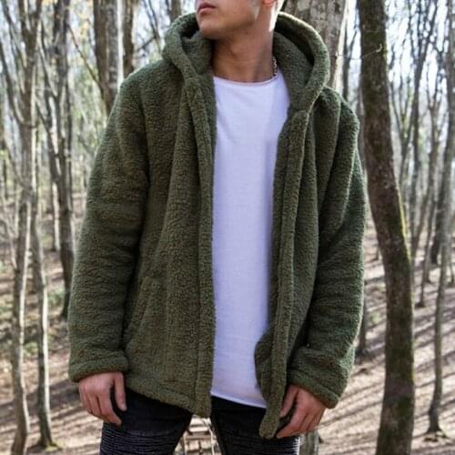 Autumn Mens Hooded Fleece Jacket Long Sleeve Warm Plush Cardigan Overcoat Solid Color Loose Outerwear Fashion Casual Home