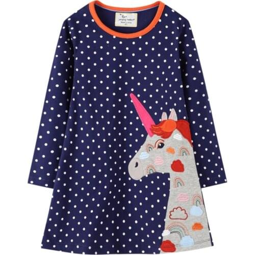 Jumping Meters Autumn Spring Princess Unicorn Dresses for Kids Cotton Clothes Animals Polka Dot Girls Party Dresses