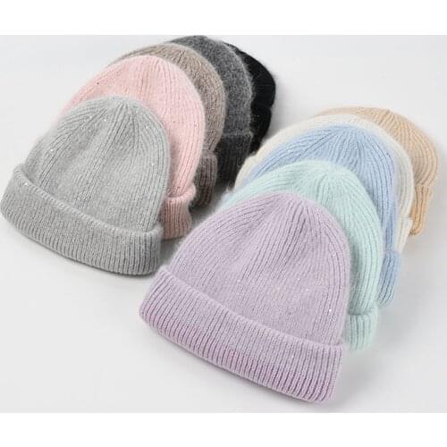 Cashmere Rabbit Fur Beanie Women Winter Hats Wool Knitted Warm Glitter Skullies Beanies Gorros Female Cap Bonnets Wholesale