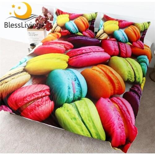 BlessLiving French Macaron Bedding Set Colorful Duvet Cover 3D Print Comforter Cover Dessert Food Girls Bed Linen 3pcs Queen