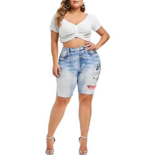 Fashion Plus Size Women Shorts Leggings Summer Fake Denim Ladies Short Pants Retro Printed High Waist Female Shorts Underpants