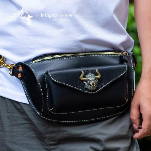 Handmade Men Bolsos Vegetable Tanned Leather Shoulder Bags Cowhide Hand-carved Waist Chest Bags Genuine Leather Ox Head Bag