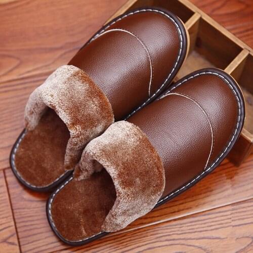 Mens Genuine Leather Winter Indoor Slippers Super Warm Anti-Skip Couples Home Shoes Comfortable Casual Shoes for Women
