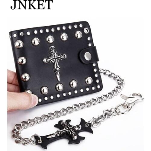 JNKET Punk Skull Crucifix Men‘s PU Leather Wallet Detachable Metal Chain Rock Clutch Wallet Money Clip Folded Purse Billfold