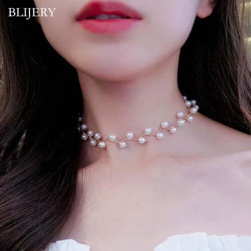 BLIJERY Gold Color Statement Necklace Elegant Simulated Pearl Beaded Chokers Necklaces For Women Wedding Party Femme Collier