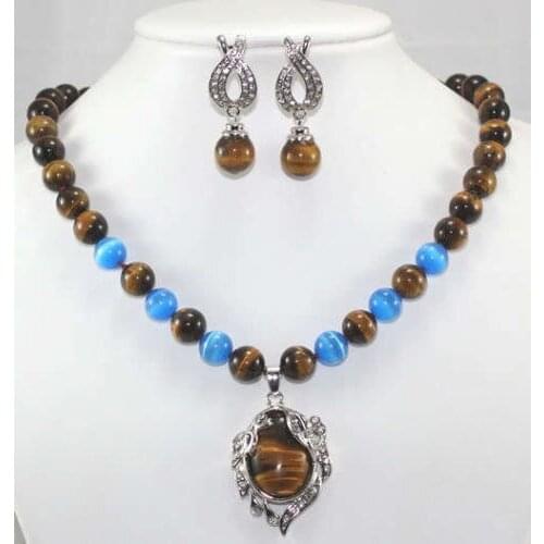 Fine Tigers Eye / Tiger eye pendant necklace Earring Set 18" Crystal Healing AA