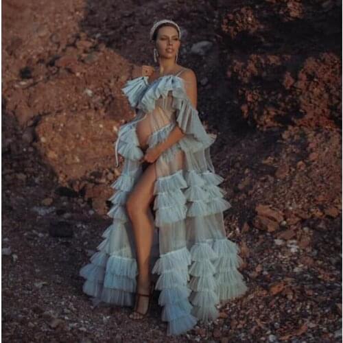 Sheer Dress Ruffled Tulle Long Transparent Women Dress Robe Pregnant Shoot Photos See Through Prom Gowns Plus Size Custom Made