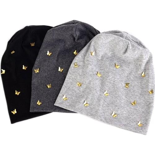 Spring Autumn Beanie Hat With Butterfly Accessory Cotton Outdoor Street Skullies Hat Forwomen Girl Wholesale Solid Bone Caps