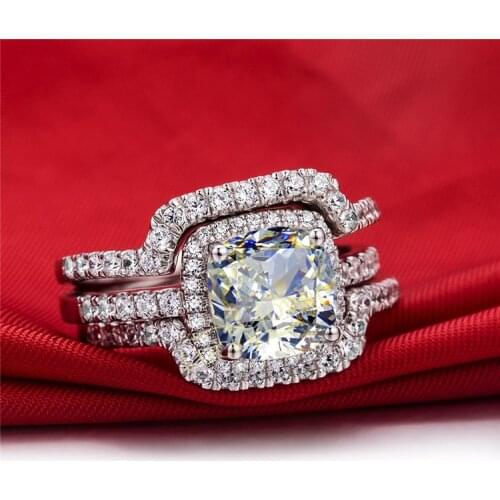 TRS007 HOT Luxury New Bridal Set Wedding Rings Sets 3 Carat Cushion Princess Cut Best Quality NSCD Synthetic Gem 3PC ring sets