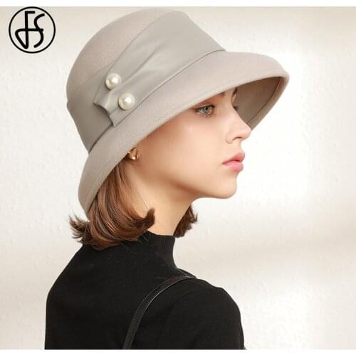 FS 2021 British Retro Wool Felt Dome Fedora Hats For Women Winter Church Cloche Derby Hat Fedoras Bowler Cap With Ribbon Beads