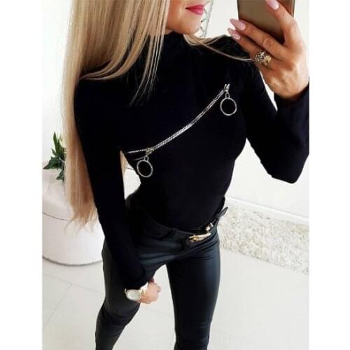 2021 Women Tshirt And Tops Long Sleeve Zipper Sexy Female Tee Shirt Solid Black Stand Collar Ladies T-Shirt Autumn