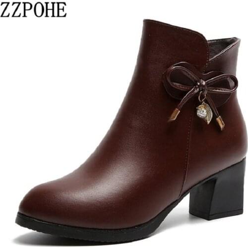 ZZPOHE Women Fashion Boots Ladies leather round toe high heels ankle boots female autumn winter Plus velvet shoes
