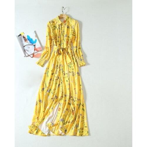 QUALITY New HIGH 2021 Fashion Designer Womens Elegant Long Sleeve Shirt Collar Stunning Yellow Printed Runway Maxi Long Dress