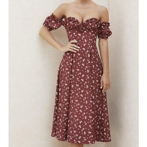 Women Wine Floral Midi Dress Summer Sexy Off Shoulder Ruffles Strapless Side Split Long Print A-line Dresses Lady Beach Vestidos