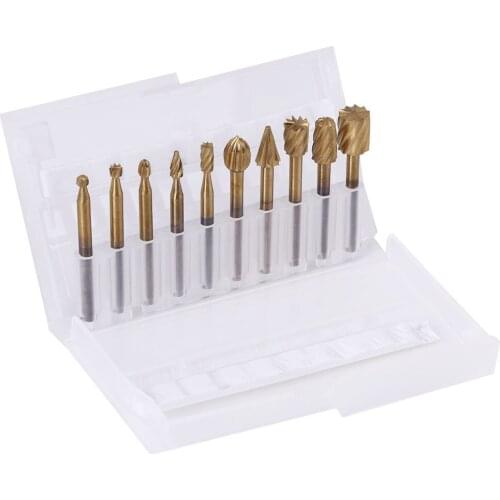 10pcs/Set Cutter HSS Titanium High Speed Steel Burrs Rotary Files Woodworking Carving Tool Set for Engraving Wood Rotary Tool