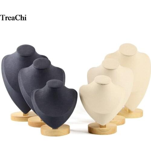 Bamboo Wood Jewelry Window Necklace Display Model Dark Gray Beige Velvet Pendant Display Neck Display Props