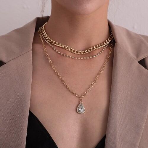 BUDROVKY Fashion Multilayer Silver Color Chain Crystal Necklace Couple Hip Hop Punk Water Drop Pendant Necklaces for Women Men