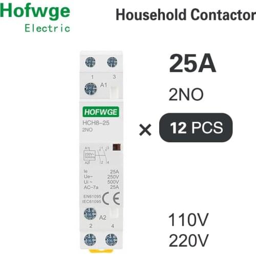 HCH8-25 12PCS Modular Contactor 2P 2NO 110V 220V Automatic Household Contactor Din Rail Type