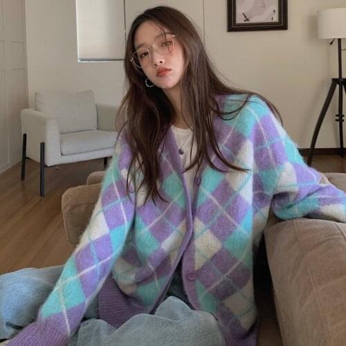Cardigan Womens Sweater Coat Harajuku Plaid Knit Cardigan V-neck Sweater Plus Size Women Clothing
