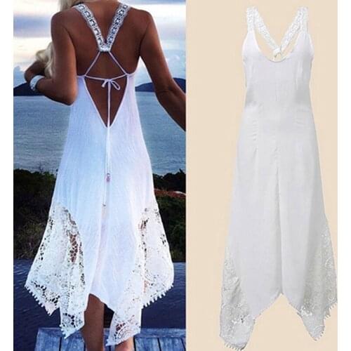 Boho Style Summer Backless Halter Maxi Beach Dresses White Black V Neck Sleeveless Dress New Fashion Sundress Women Long Dress