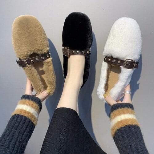 Loafers Winter Women Plush Slip on Flat Shoes Flats Warm Loafer Metal buckle Casual Shoes Boat Shoes zapatos mujer U16-13