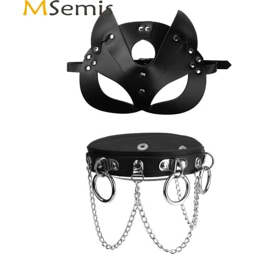 Mens Erotic Cosplay Accessories Wet Look Leather Fox Eye Face Mask with Slave Neck Choker Sexy Restraints Role Play Set Clubwear