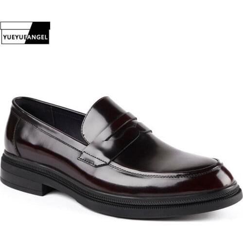 Korean Style Men New Thick Bottom Slip-On Genuine Leather Shoes Low-Top Round Toe Rubber Sole Fashion Cowhide Casual Dress Shoes