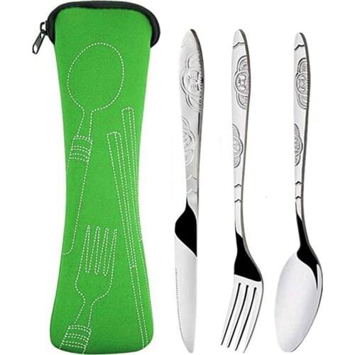 3Pcs/set Stainless Steel Dinner Set Portable Travel Camping Cutlery Tableware Set Dinnerware Case Flatware Kit With Cloth Bag