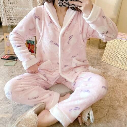 Fdfklak Feeding Night Clothes For Pregnant Breastfeeding Clothes Winter Flannel Pajama Pink/Blue Print 2PCS/Set Maternity Wear