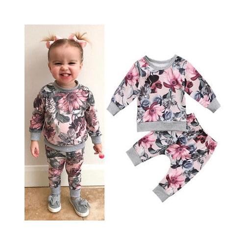 2020 New Hot Autumn Winter 2pcs Baby Clothing Newborn Infant Baby Girls Long Sleeve Print T-shirt Tops+Floral Pants Outfits Set