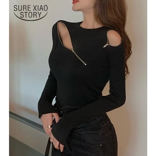 2020 Autumn New Sexy Hollow Out Fashion Zipper Design Slimming Blouse Thin Bottoming Long Sleeve Shirt Women Blusas Mujer 12206