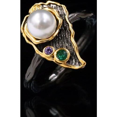 UFOORO Creative black gold leaf feather color zircon pearl ring emerald gemstone engagement ring