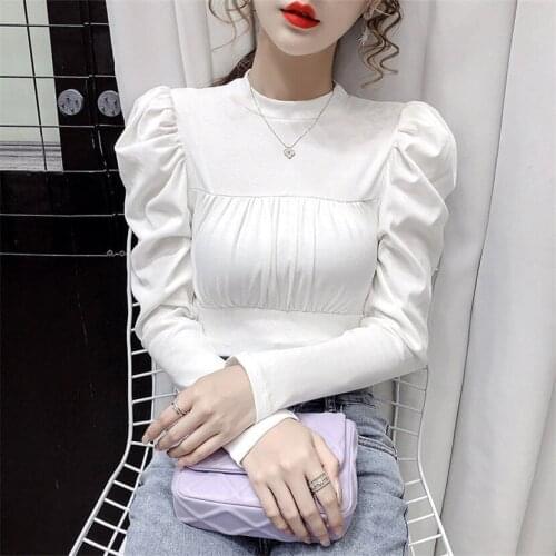 Autumn Winter Wrinkled Bubble Sleeve Half High Collar Long Sleeve Slim Bottomed Shirt T-shirt Women Tshirt Short Waist Closing