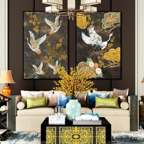 New Chinese Retro Red-crowned Crane Painting Golden Plum blossom Poster Modern Home Decoration Print Canvas Painting For Bedroom