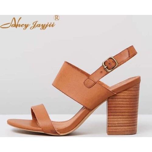 Nancyjayjii Elegant Women Summer 2019 Tan Brown Block High Square Heels Slender Ankle Strap Sandals Lady Slingback Casual Shoes
