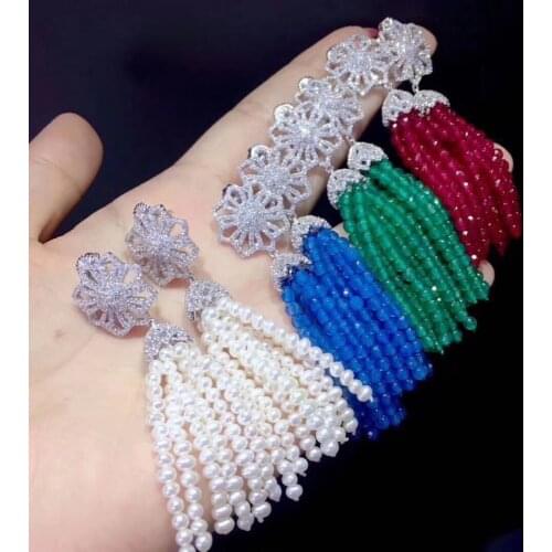 Long tassels drop earring natural fresh water pearl 925 sterling silver with cubic zircon fine women jewelry blue stone red