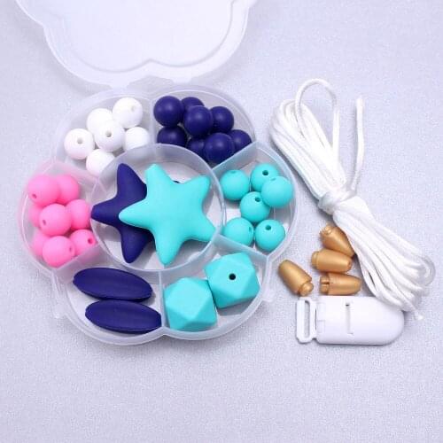 MHS.SUN Blue Color DIY Silicone Beads Soft Baby Teething Beads Set For Nursing Chew Baby Comfort Teether Necklace Jewelry Make