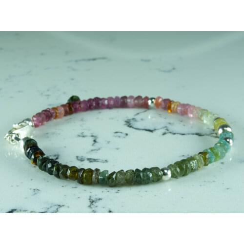 Tourmaline Bracelet with Silver Bead, Multi Color Gemstone Silver Jewelry for Women October Birthstone Hand Made in TURKEY