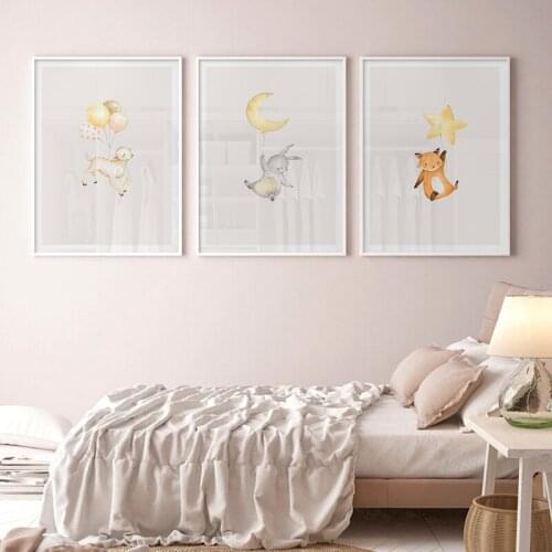 Ballon Fly Baby Animals Art Print Poster Cartoon Fox Picture Nordic Canvas Painting Kids Room Wall Decoration