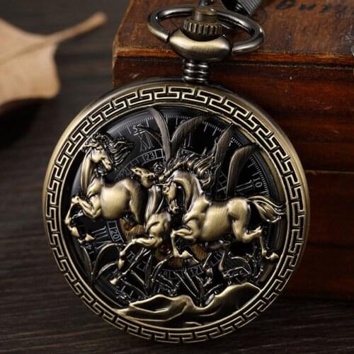 Vintage Bronze Hollow Horse Men Mechanical Pocket Watch Necklace Retro Carved Skeleton Steampunk Fob Hand Watch With Roman Gift