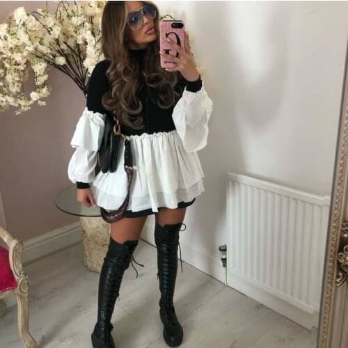 High-neck Knitted Tops Elegant and Fashionable Long-sleeved Ruffled Trim Patchwork Knitted Pullovers Autumn Chic Ladies Tops