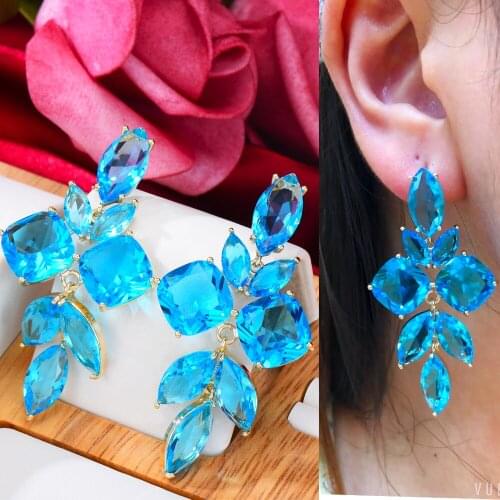 High Quality Summer beach ocean blue transparent clear Austrian crystal Drop Earrings For Noble Women Wedding Party CZ Jewelry