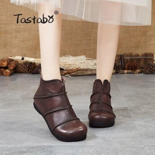 Tastabo Genuine Leather ladies ankle boots Vintage boots everyday Womens boots Brown Black S99602 Soft bottom Breathable lining