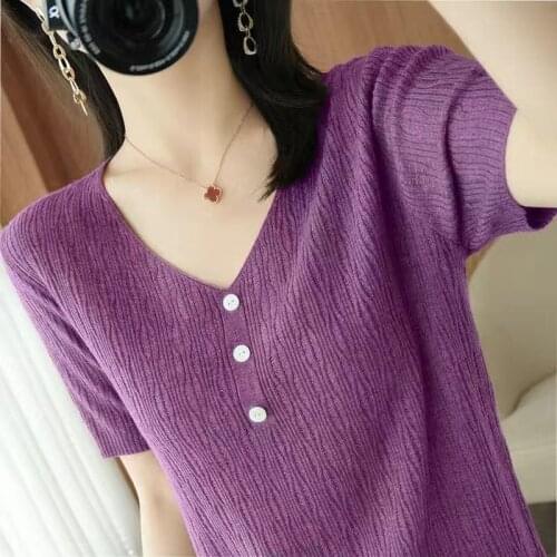 Short Sleeve Shirts Women Plus Size Womens Shirt OL Style New Summer Ice Silk Knitted Blouse Loose V-neck Bottoming Shirt 14007